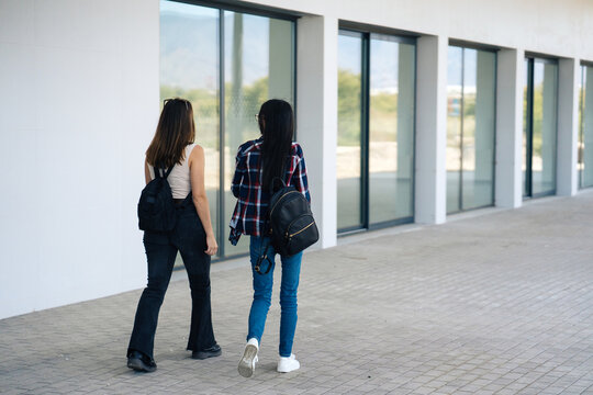 Anonymous girlfriends in casual wear walking on pavement