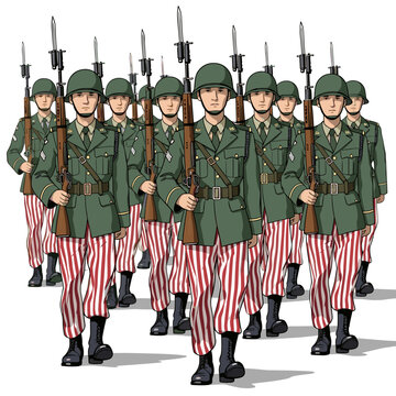 Soldiers in uniform marching with rifles and bayonets