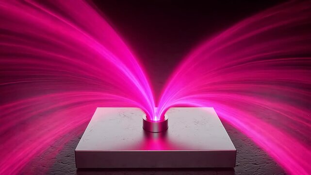 Pink light beams emanating from metallic cylinder emphasizing urban lifestyle and city dynamics
