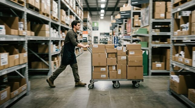 Inventory Restocking Process Moment with Clerk Pushing Cart Full of Boxes