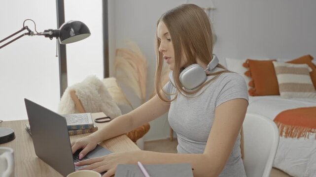 Young woman typing on laptop with headphones around neck at a studio desk, hands on keyboard beside notebook, lamp and bed pillows visible; study success.