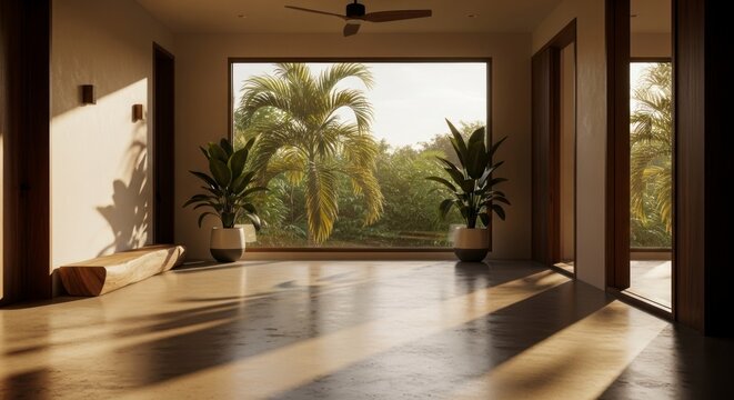 Modern interior with large window and tropical view sunlight and shadows