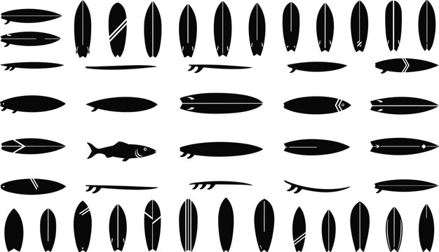 Black and white surfboard silhouettes collection featuring various board shapes and fin designs set