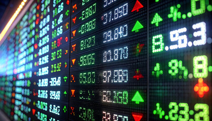 Fototapeta premium Macro close-up of a digital stock market ticker board. Pixelated LED-style white text