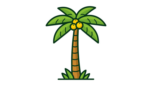 Modern flat vector illustration of a tall tropical palm tree with coconuts on a white background. This clean scalable icon represents summer vacation, exotic travel, and island paradise nature.