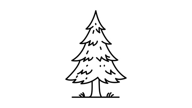 Minimalist Pine Tree Vector Icon Illustration with Editable Stroke; Hand-Drawn Black Line Art Outline of an Evergreen Conifer on White Background for Nature, Forest, and Christmas Design.