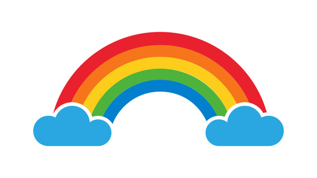 Colorful Rainbow Arc with Blue Clouds Vector Illustration, Modern Flat Design Icon on White Background, Minimalist Weather Symbol for Web and Graphic Projects, Scalable Nature Element for Kids.
