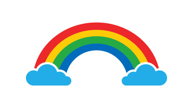 Colorful rainbow arc with blue clouds flat vector icon illustration on a white background, representing weather, hope, and nature in a minimalist, scalable graphic design for web and print.
