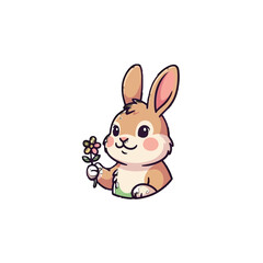 Obraz premium Cute Cartoon Rabbit Holding Flower.