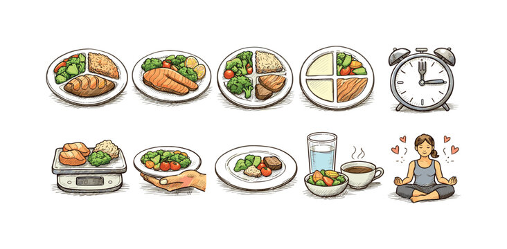 Healthy meal planning and mindful eating icons for a balanced lifestyle
