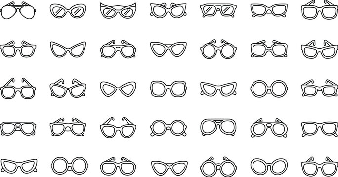 Variety of eyeglass and sunglass frames shown as simple outline icons for fashion and accessory design