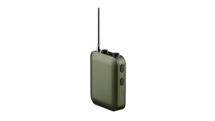 Olive green portable walkie-talkie with silver antenna and black buttons, isolated on transparent background © Maria