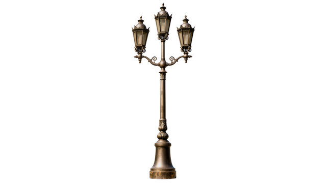 Ornate antique three-headed street lamp with decorative metalwork, isolated on transparent background