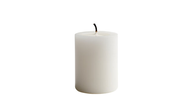 Unlit white pillar candle with burnt wick, isolated on transparent background