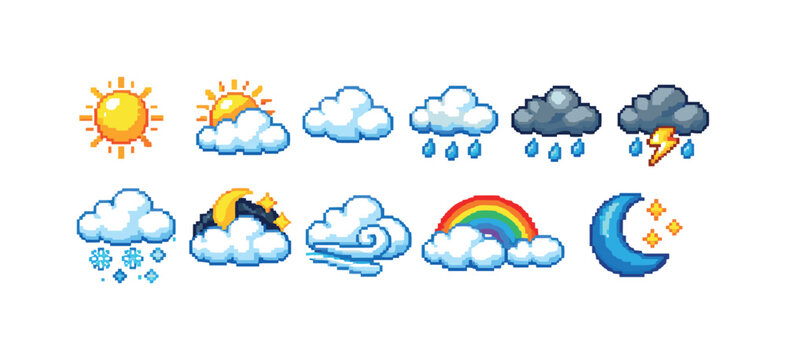 Pixel art weather icons collection for forecasting and climate representation