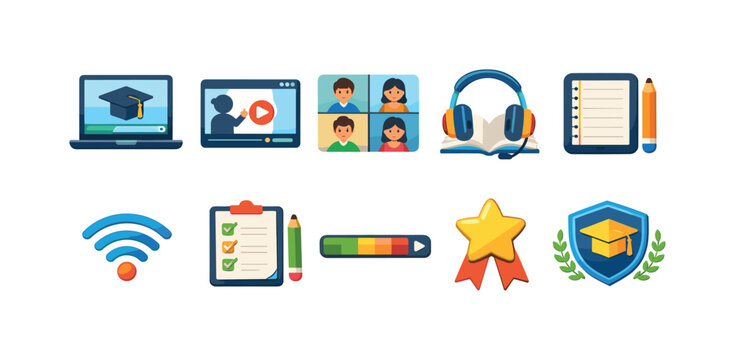 Collection of colorful icons representing online learning and education concepts