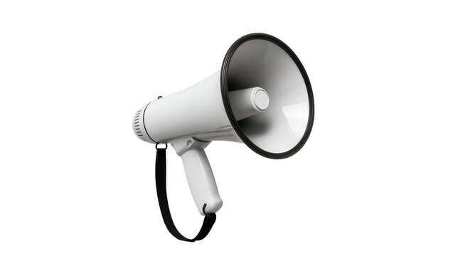 White megaphone with black trim and strap, isolated on transparent background