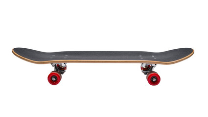 Skateboard with black grip tape and red wheels, isolated on transparent background © Maria