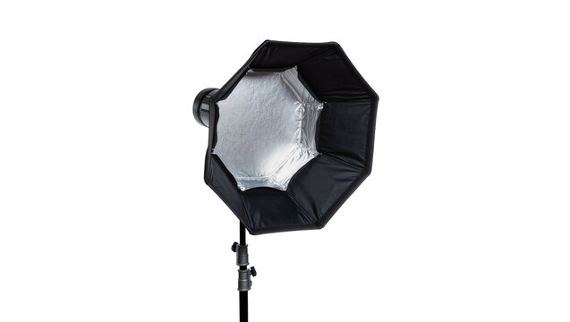 Octagonal softbox light modifier with silver interior, isolated on transparent background