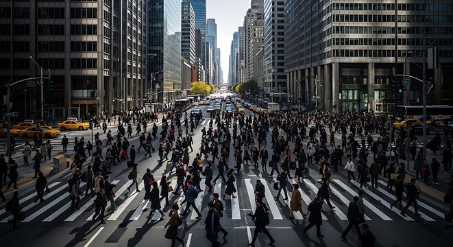 Bustling crosswalk in a canyon of skyscrapers with yellow taxis and blurred pedestrians