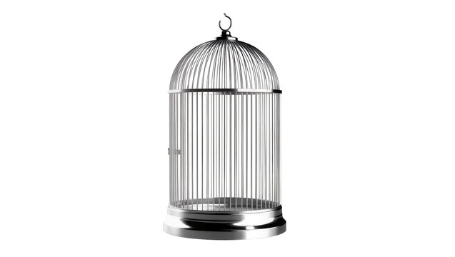 Ornate silver birdcage with domed top and latch, isolated on transparent background