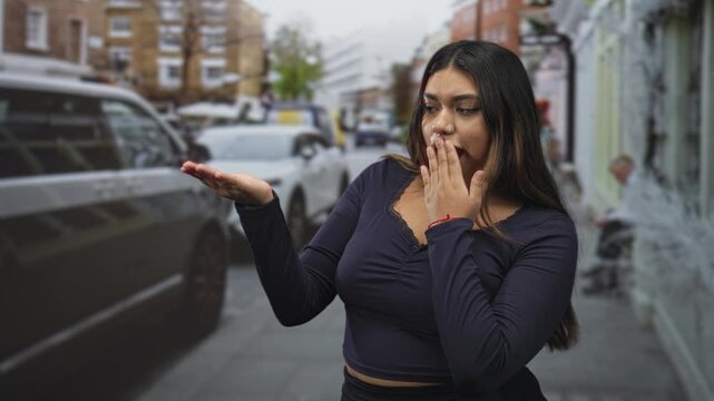 Woman holds palm up and covers her mouth with hand on a city street in front of storefronts, curvy hispanic woman in navy long sleeve top presenting gesture; playful curiosity.