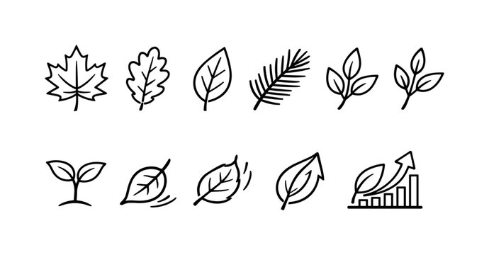Collection of simple leaf icons representing growth and nature