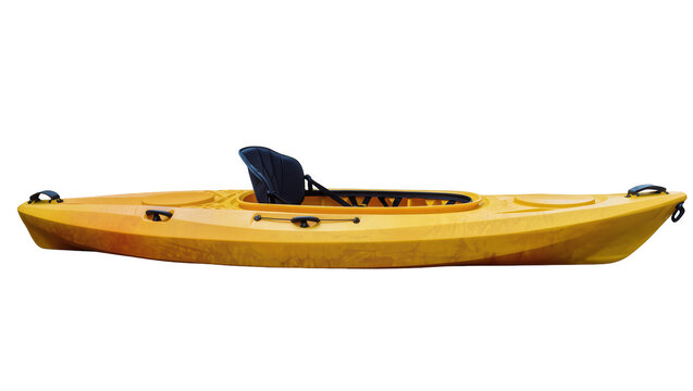 Yellow recreational kayak with black seat, isolated on transparent background
