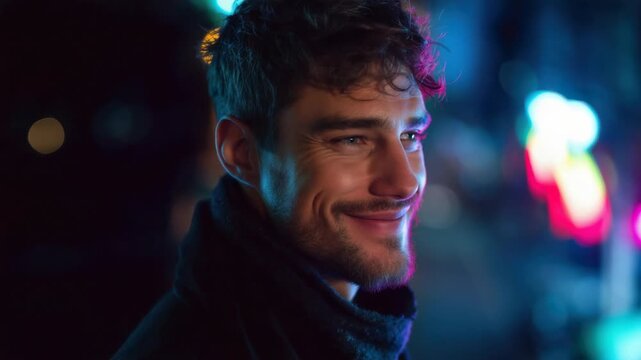 Man stands under neon lights in urban area at night with a focused expression on his face while the city buzzes in the background and colors glow around him