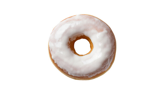 Glazed ring donut with white icing, isolated on transparent background