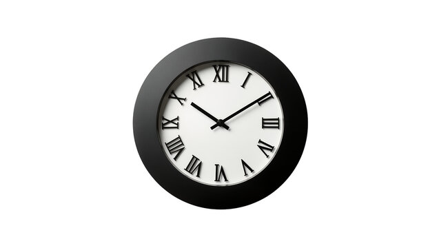 Classic black framed analog clock with Roman numerals, isolated on transparent background