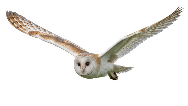 Barn owl with wide spread wings flying, isolated on transparent background