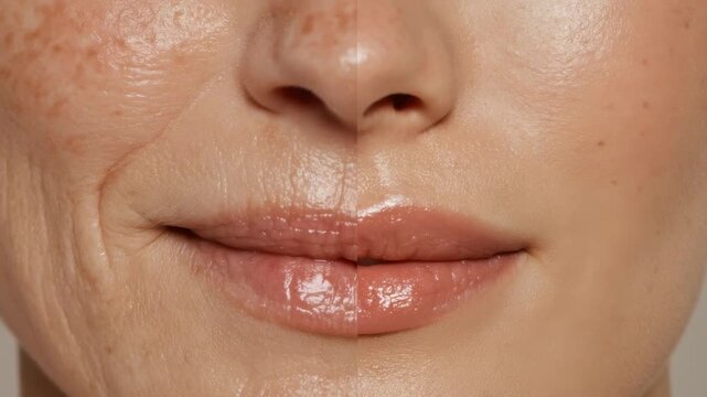 Before and after showing skin changes over time with clear differences in texture and appearance with close focus on lips and cheeks at a studio setting