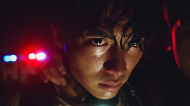 Person shows emotion while surrounded by blue lights during a tense moment at night in a rescue situation with other individuals present