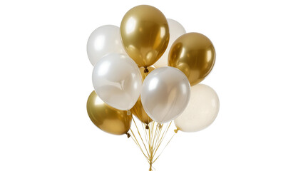Shiny gold and pearl white balloons tied with golden ribbons, isolated on transparent background © Maria