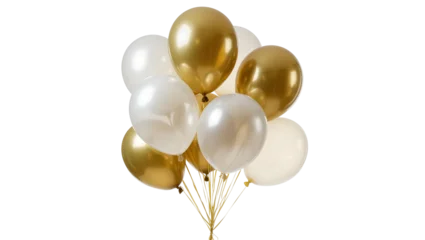 Fotobehang Goud Shiny gold and pearl white balloons tied with golden ribbons, isolated on transparent background  © Maria