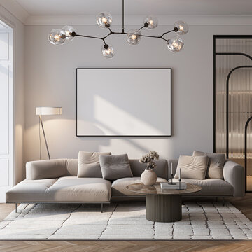 Modern Living Room Poster Frame Mockup with Natural Light and Minimalist Decoration. 3D render.