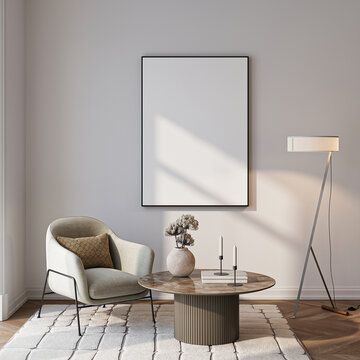 Modern Living Room Poster Frame Mockup with Natural Light and Minimalist Decoration. 3D render.