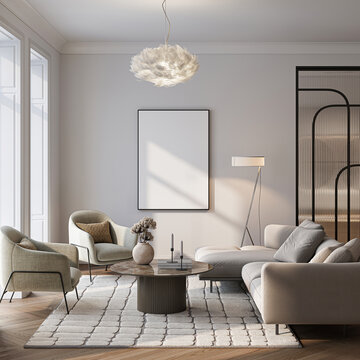 Modern Living Room Poster Frame Mockup with Natural Light and Minimalist Decoration. 3D render.