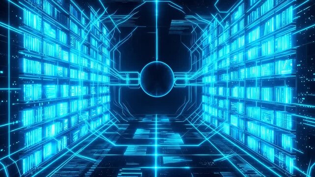 Futuristic corridor with glowing blue lights symbolizing trust, reliability, and security