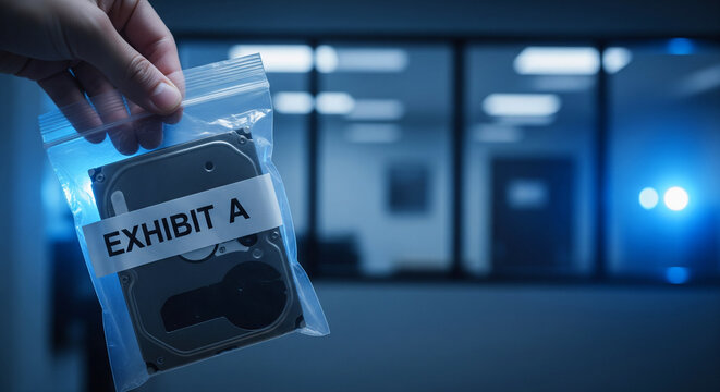 Seized hard drive labeled EXHIBIT A in clear plastic evidence bag inside a police station