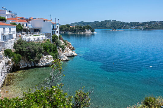 The coastal street of Skiathos Town, Sporades, Thessaly, Greece