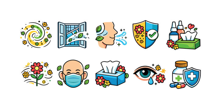 Spring allergy symptoms and relief icons collection for health awareness