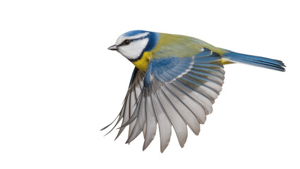 Blue tit bird in flight detailed feathers, isolated on transparent background © Maria