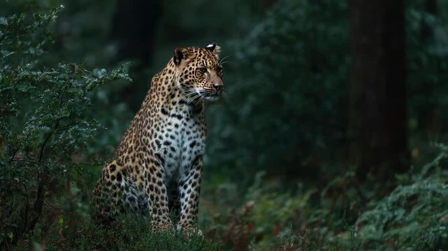 Leopard sits quietly in the forest during early morning hours in a natural habitat