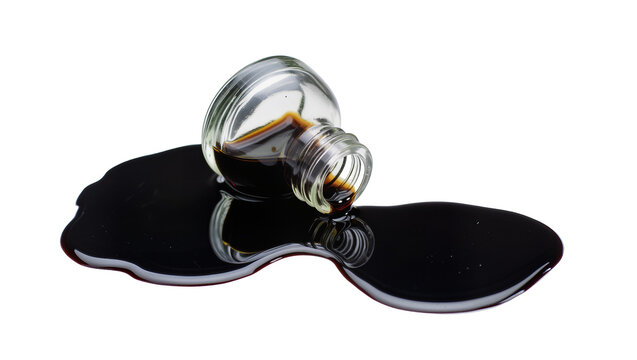 Small glass bottle spilling dark brown liquid, isolated on transparent background
