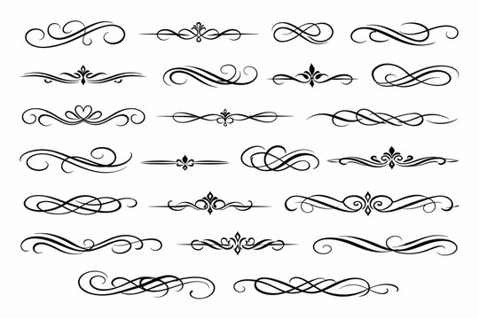 Elegant Set of Calligraphic Swirls, Decorative Flourishes, and Dividers. Vintage Vector Ornaments for Wedding Invitations, Certificates, Menu Design, Filigree Border Elements, Swash, and Scroll Curls.