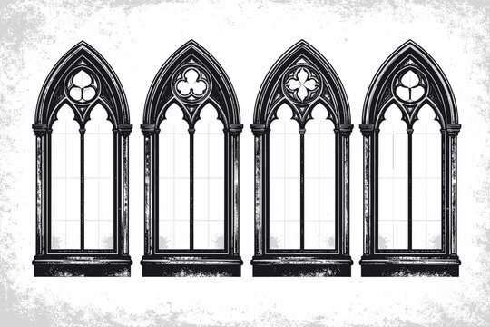 Set of four gothic window frames with pointed arches and intricate tracery designs. Vintage architectural elements with distressed grunge texture for medieval cathedral or church style vector.