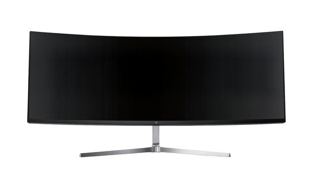 Curved ultra-wide computer monitor with thin bezel and metallic stand, isolated on transparent background