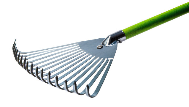 Metal fan rake with curved tines and green wooden handle, isolated on transparent background